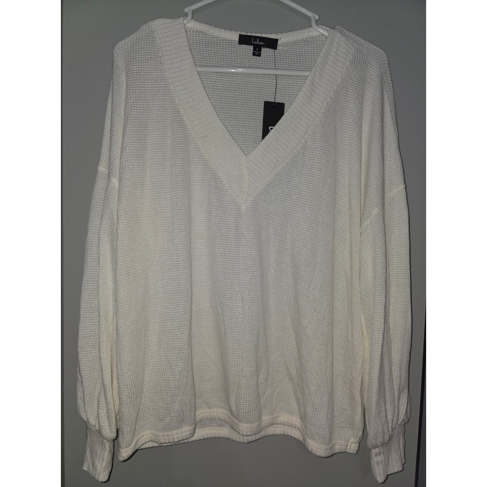 Lulus White Waffle Knit V-Neck Oversized Sweater Small Made in USA NWT